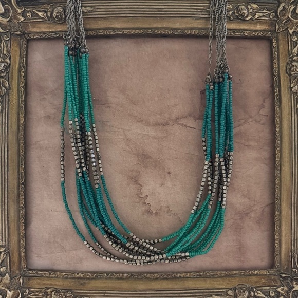 VINTAGE • Teal Beaded Boho Multi Strand Necklace - Picture 3 of 4